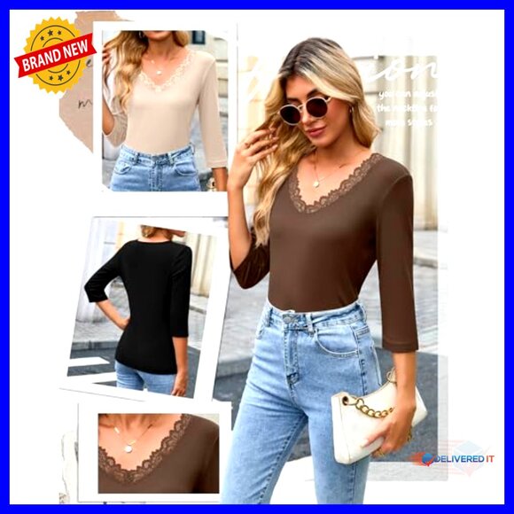 3 Pack Slim Fit 3/4 Sleeve V Neck Lace Tops Cotton Ribbed Shirts - Picture 4 of 7